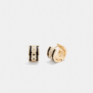 Women's COACH Signature Enamel Hoop Earrings Gold / Black | 62109TQXP